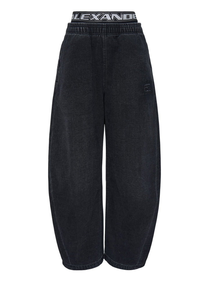 Alexander Wang washed black brushed denim sweatpants with layered logo elastic waistband and curved barrel leg