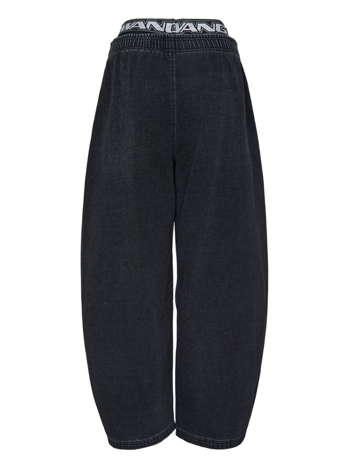 Alexander Wang washed black brushed denim sweatpants with layered logo elastic waistband and curved barrel leg - view 2