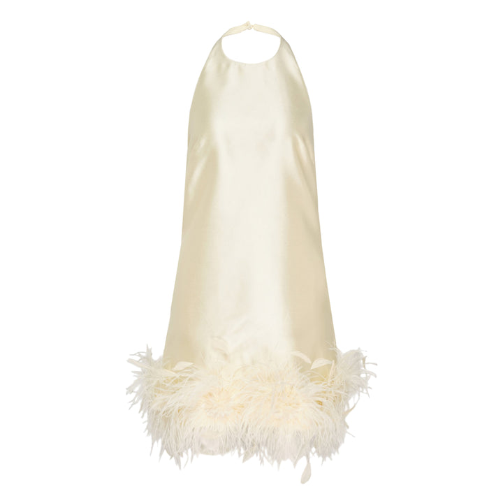 Self-Portrait pale yellow taffeta halter mini dress with feather and floral appliqué trim along the hem, displayed flat on a white background