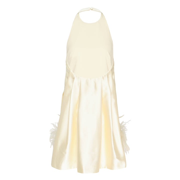 Self-Portrait pale yellow taffeta halter mini dress with feather and floral appliqué trim along the hem, displayed flat on a white background