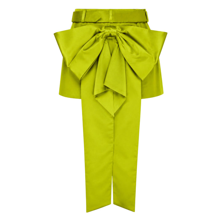 Self-Portrait lime green belted mini skirt over straight-leg trousers hybrid garment, laid flat on a white background, featuring a self-covered buckle belt and smooth satin-finish fabric