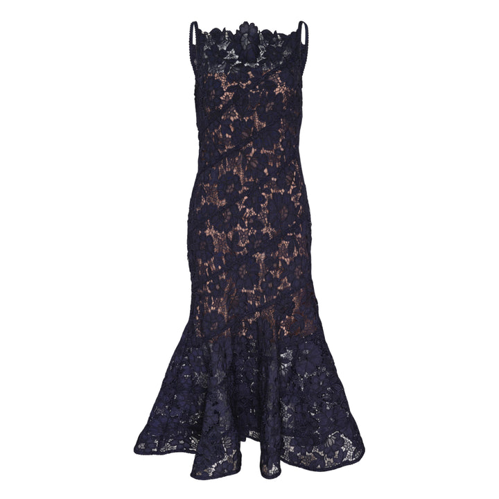 Self-Portrait Navy Spiral Lace Midi Dress with scalloped square neckline, thin shoulder straps, fitted bodice, and fluted flared skirt in floral corded lace