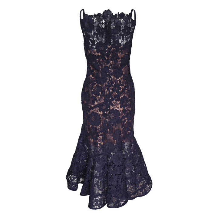 Self-Portrait Navy Spiral Lace Midi Dress with scalloped square neckline, thin shoulder straps, fitted bodice, and fluted flared skirt in floral corded lace