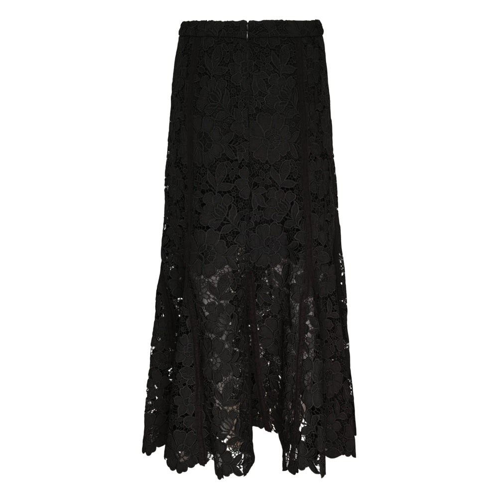 Self-Portrait black floral guipure lace midi skirt with a fitted body, trumpet-flared hem, and scalloped lace edge