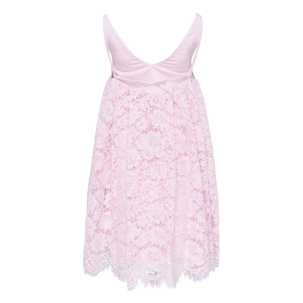 Self-Portrait pink floral lace mini dress with sequin embellishment, V-neckline, broad shoulder straps, and scalloped hem, displayed flat on white background