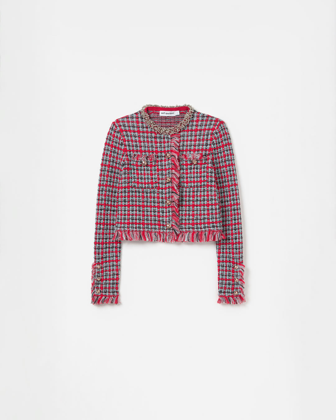 Red Check Frayed Knit Jacket