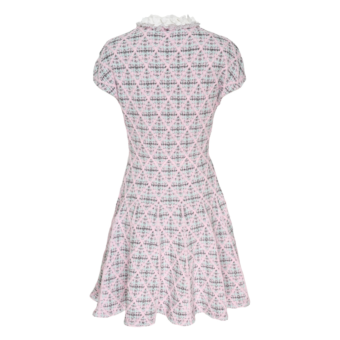 Self-Portrait Pink Check Knit Beaded Mini Dress with diamond lattice jacquard pattern, ruffled lace collar, cap sleeves, and fit-and-flare silhouette
