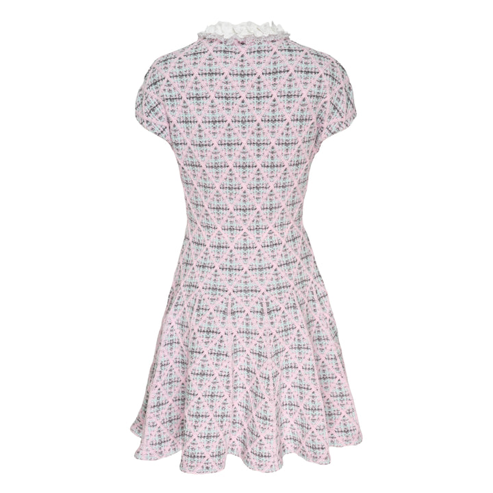 Self-Portrait Pink Check Knit Beaded Mini Dress with diamond lattice jacquard pattern, ruffled lace collar, cap sleeves, and fit-and-flare silhouette