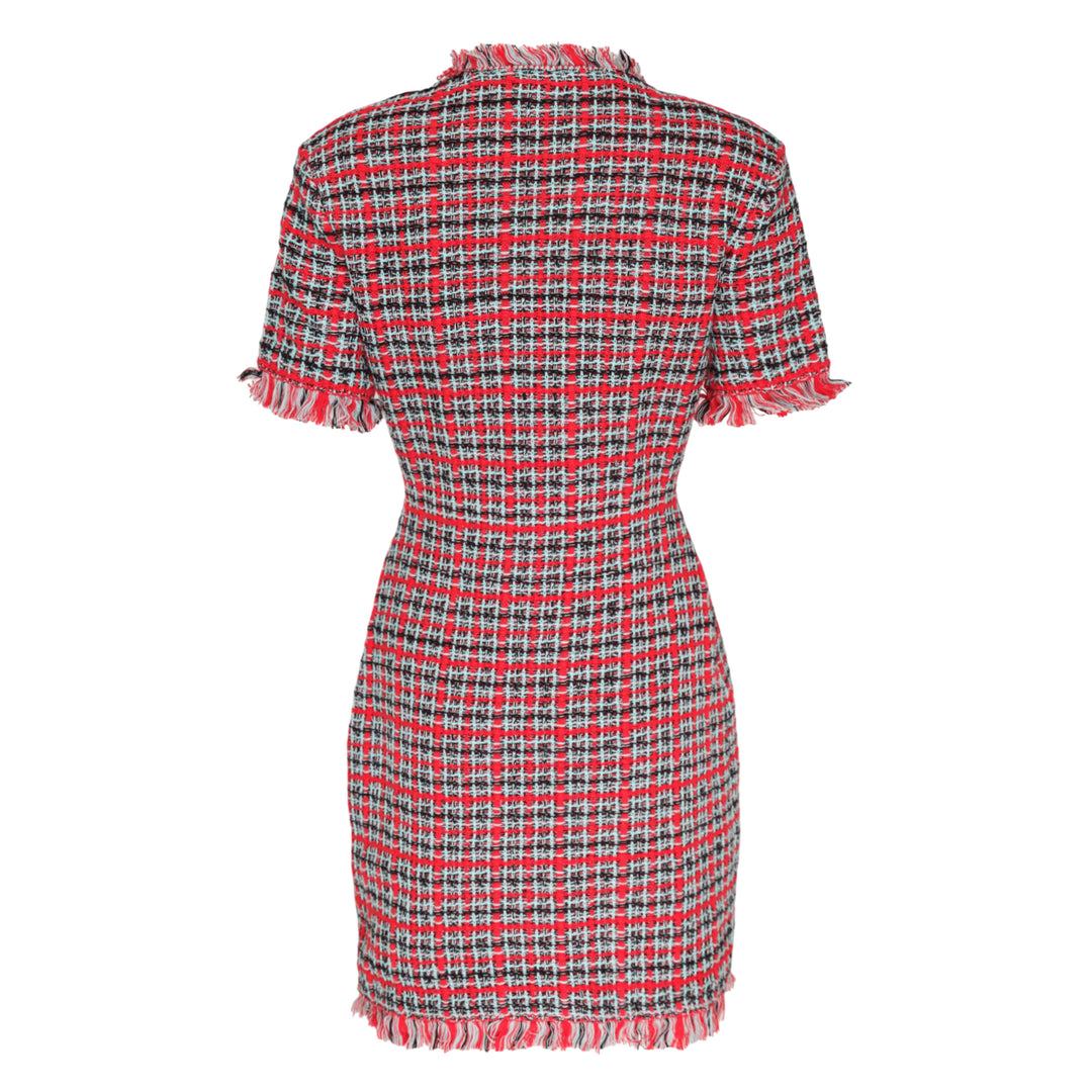 Self-Portrait Red Check Frayed Knit Mini Dress with gold buttons, fringe trim, and patch pockets on a white background