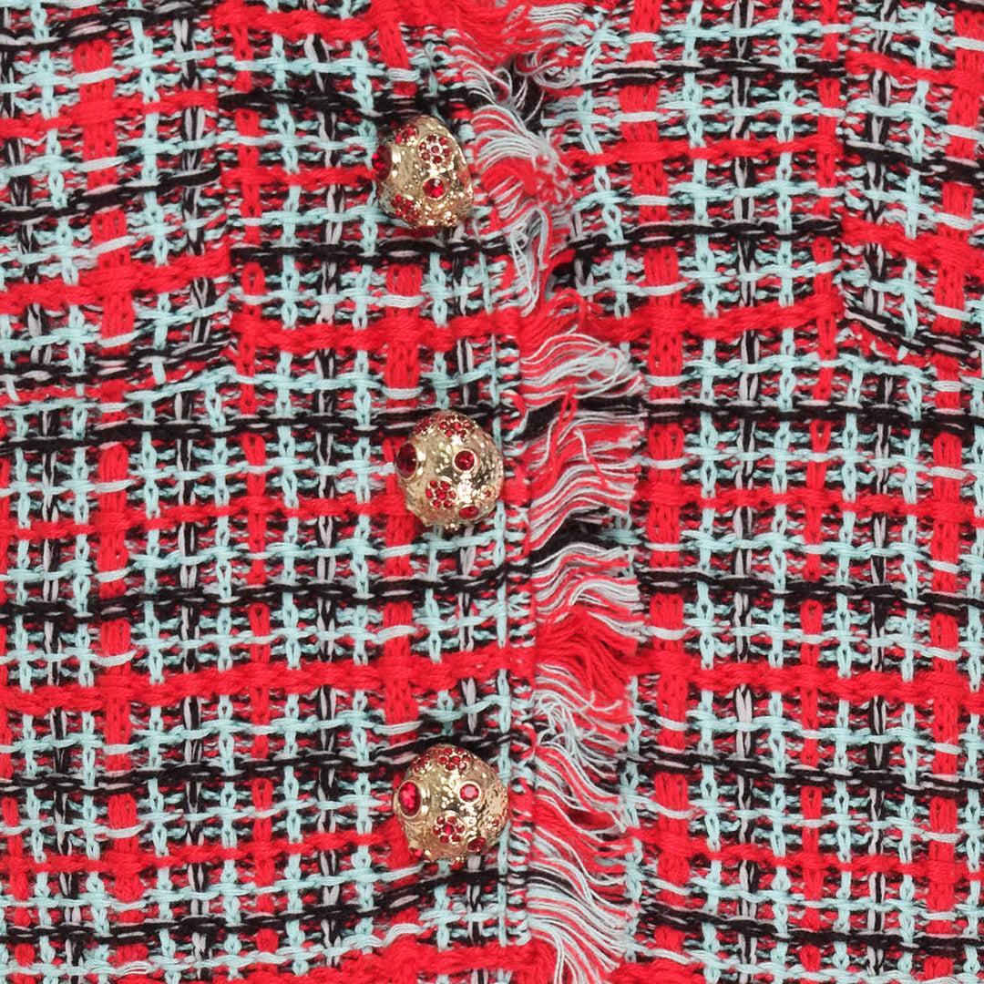 Self-Portrait Red Check Frayed Knit Mini Dress with gold buttons, fringe trim, and patch pockets on a white background