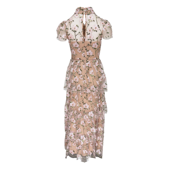 Self-Portrait pink sequin embellished tiered midi dress with floral tulle, crystal waist belt, high mock neck and short cap sleeves