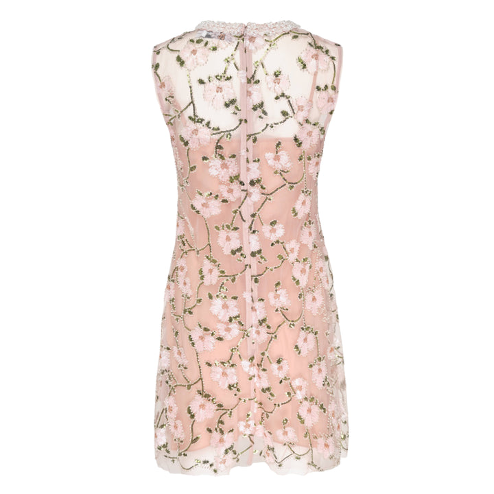 Self-Portrait pink floral sequin embellished sleeveless mini dress with cherry blossom motifs on sheer mesh, scalloped hem, and jewelled neckline trim