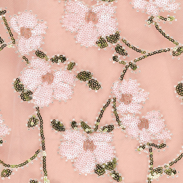 Self-Portrait pink floral sequin embellished sleeveless mini dress with cherry blossom motifs on sheer mesh, scalloped hem, and jewelled neckline trim