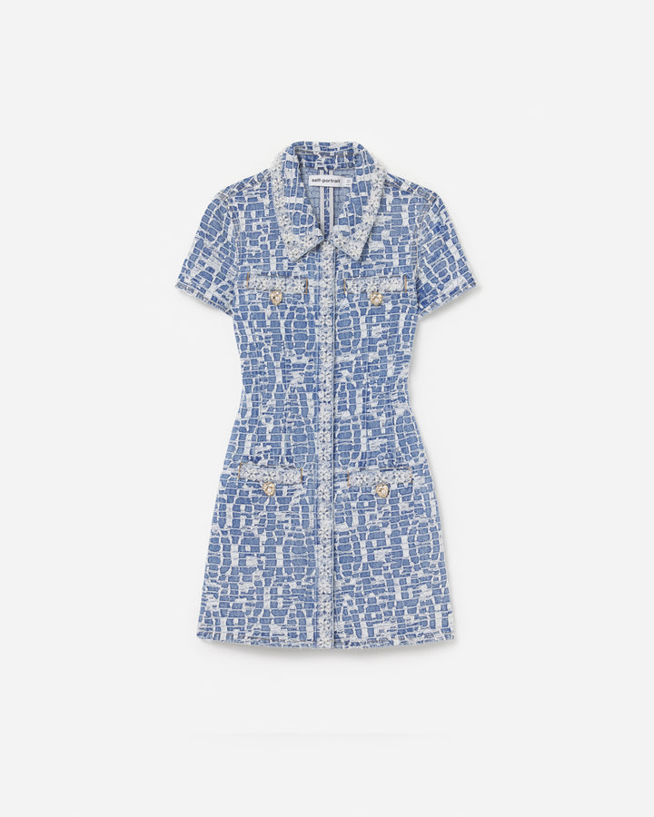 Blue Collared Textured Denim Mini Dress