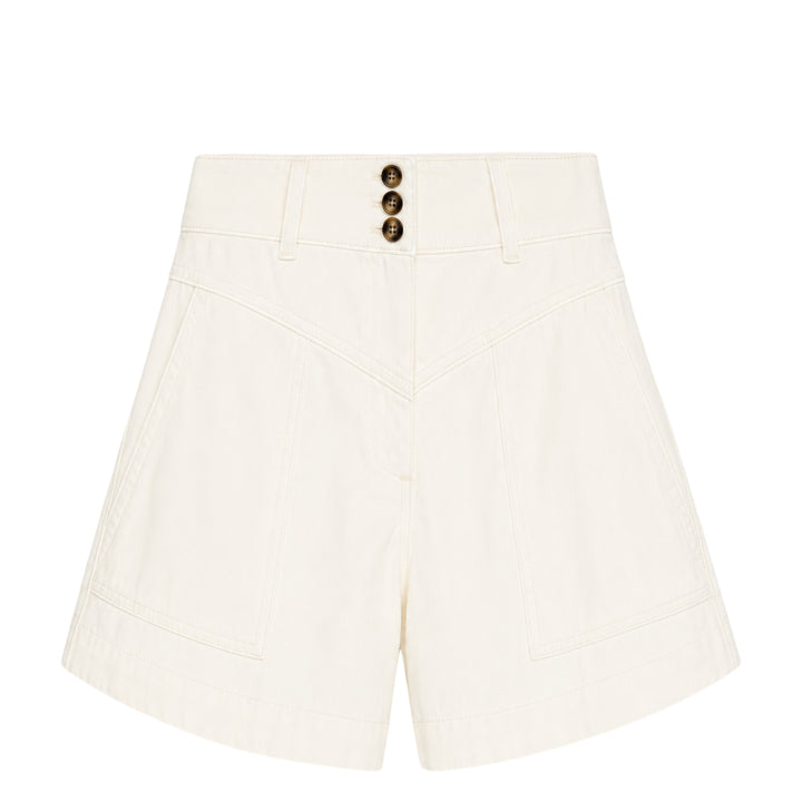 Self-Portrait cream denim high-waist shorts with wide-leg A-line silhouette, triple-button closure, and large front patch pockets