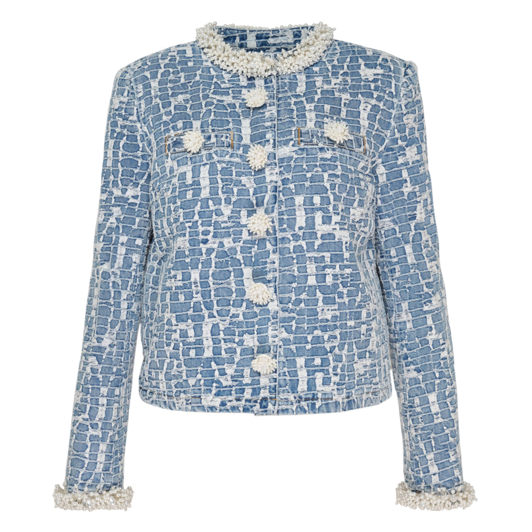 Self-Portrait Blue Textured Denim Jacket with pearl-effect neckline trim, cuff trim, and decorative pearl buttons at centre front, laid flat on a white background