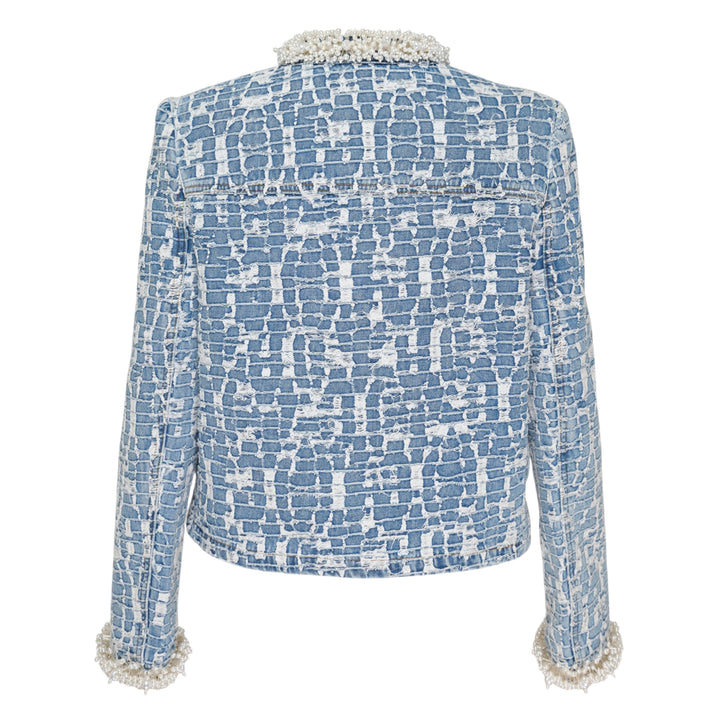Self-Portrait Blue Textured Denim Jacket with pearl-effect neckline trim, cuff trim, and decorative pearl buttons at centre front, laid flat on a white background