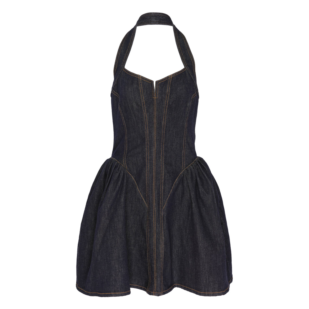 Indigo Denim Halterneck Flared Dress