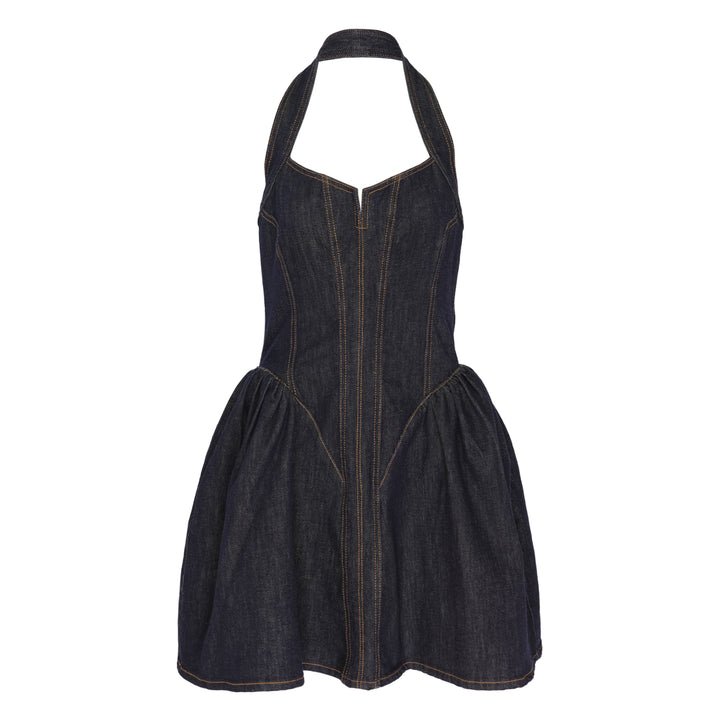 Indigo Denim Halterneck Flared Dress