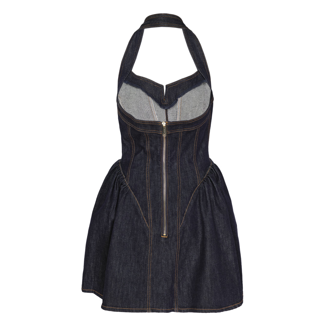 Indigo Denim Halterneck Flared Dress
