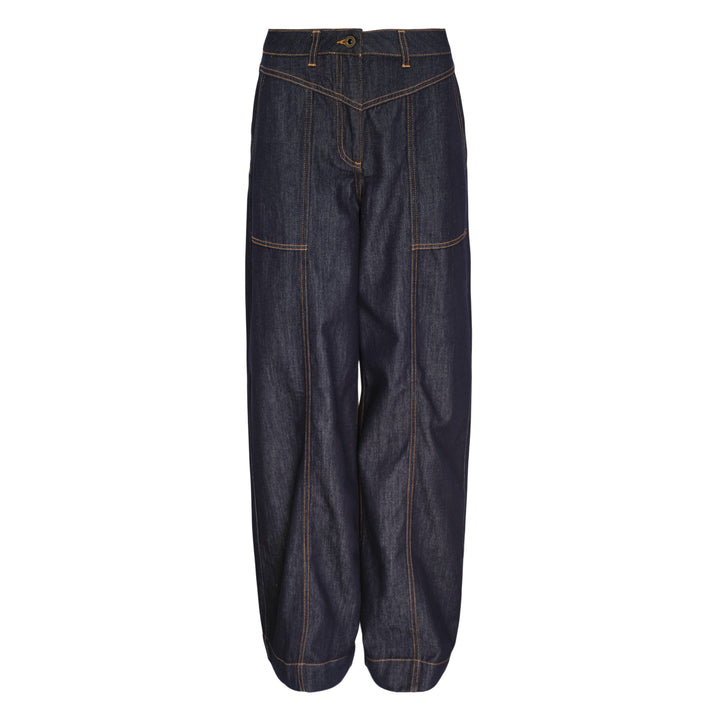 Self-Portrait Indigo Wide Leg Jeans in dark indigo denim with contrast amber topstitching, patch pockets, turned cuffs, and a tan leather belt with gold-tone buckle, laid flat on a white background