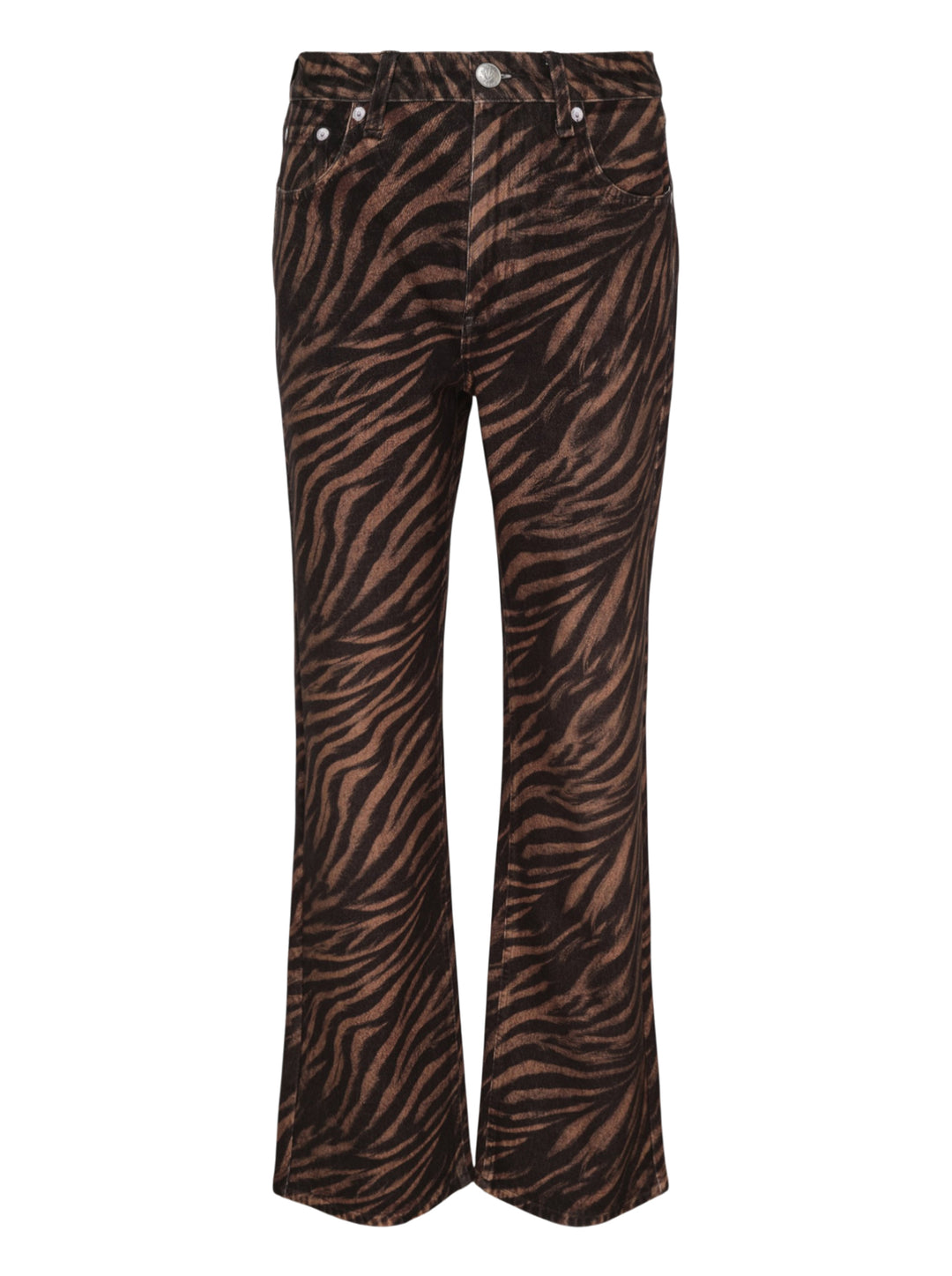 rag & bone Miramar ankle pants in brown and black zebra print ponte fabric with a flared hem and silver-tone hardware, front view