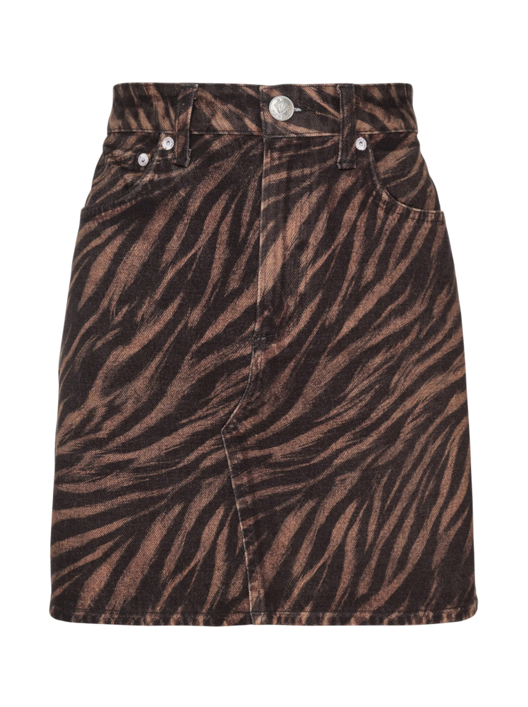 rag & bone Miramar Zebra Mini Skirt in brown and black animal print denim with high waist, silver-tone hardware, and five-pocket styling