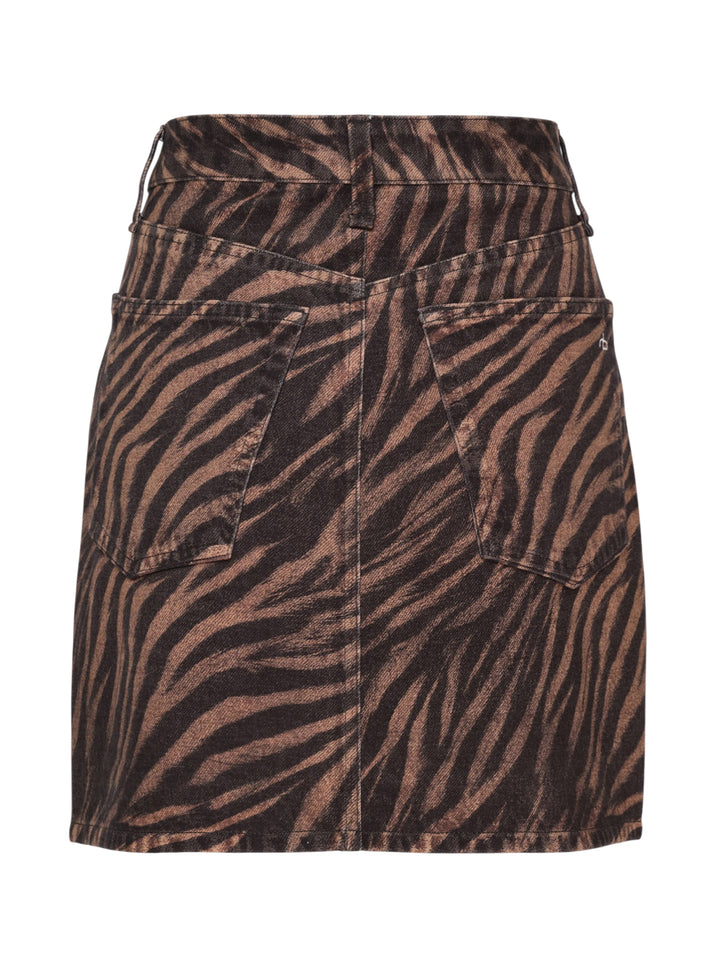 rag & bone Miramar Zebra Mini Skirt in brown and black animal print denim with high waist, silver-tone hardware, and five-pocket styling - view 2