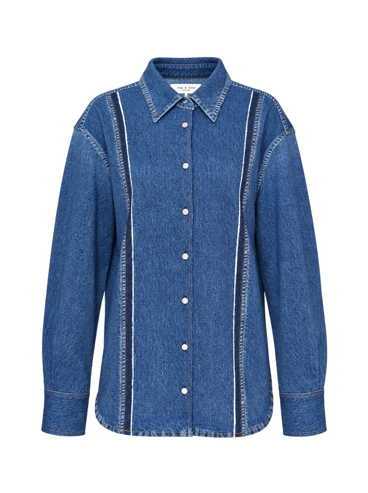rag & bone Miramar Terry Denim Shirt in mid-blue wash with vertical contrast stripe seam detailing, snap-button fastening, point collar, and drop-shoulder silhouette — front view