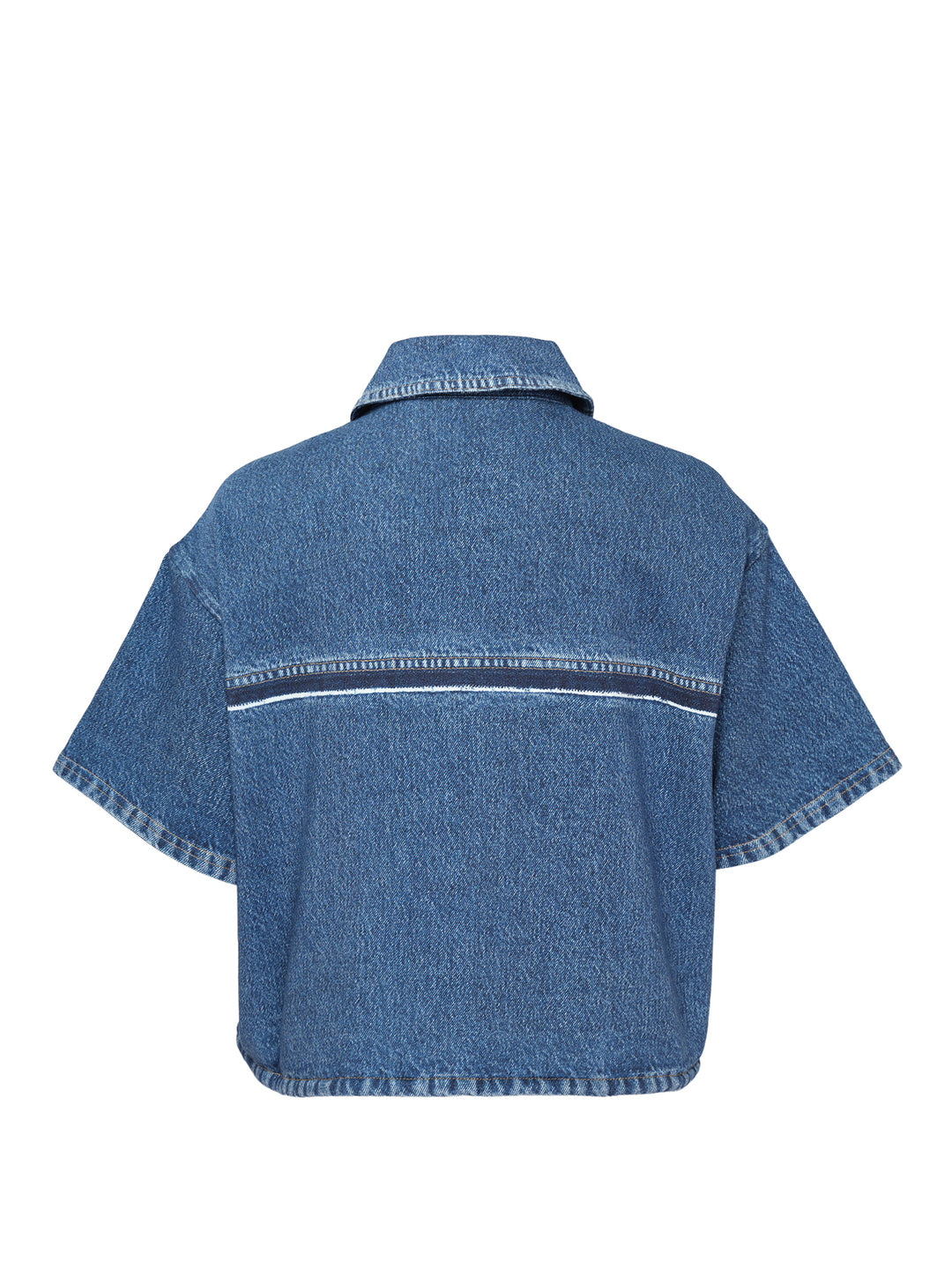 rag & bone Miramar Side Fray Polo Shirt in medium-wash denim with snap-button placket, contrast piping along the shoulder seams, raw fray detailing, and a drawstring cropped hem - view 2