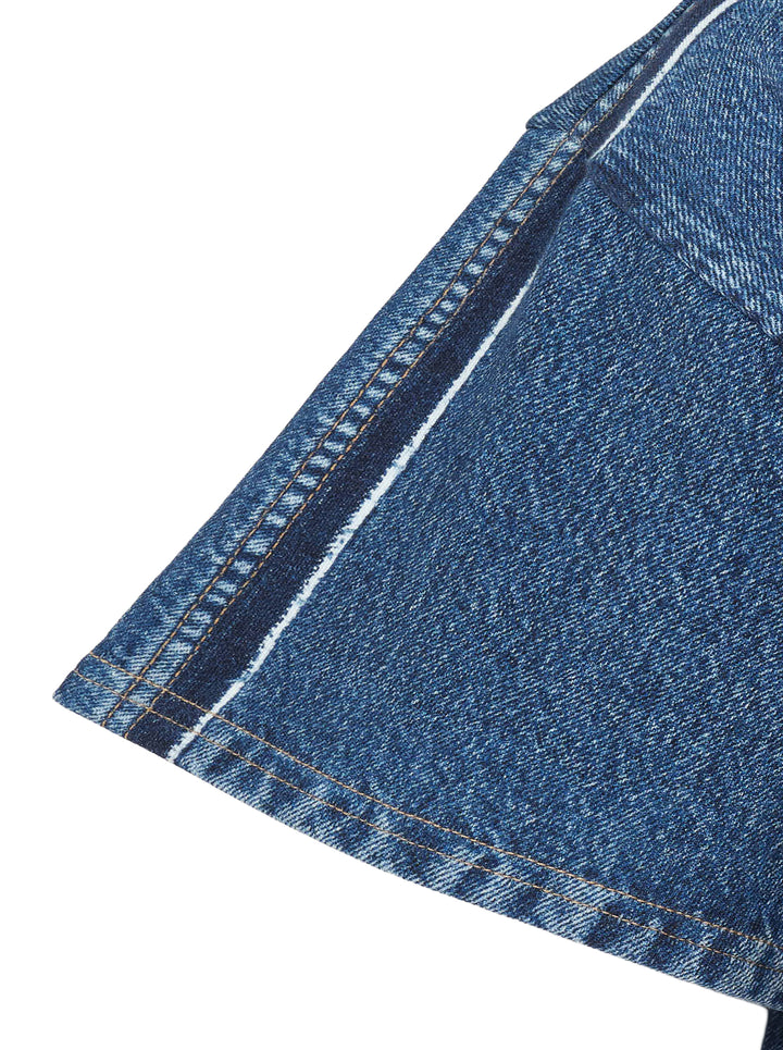 rag & bone Miramar Side Fray Polo Shirt in medium-wash denim with snap-button placket, contrast piping along the shoulder seams, raw fray detailing, and a drawstring cropped hem - view 3
