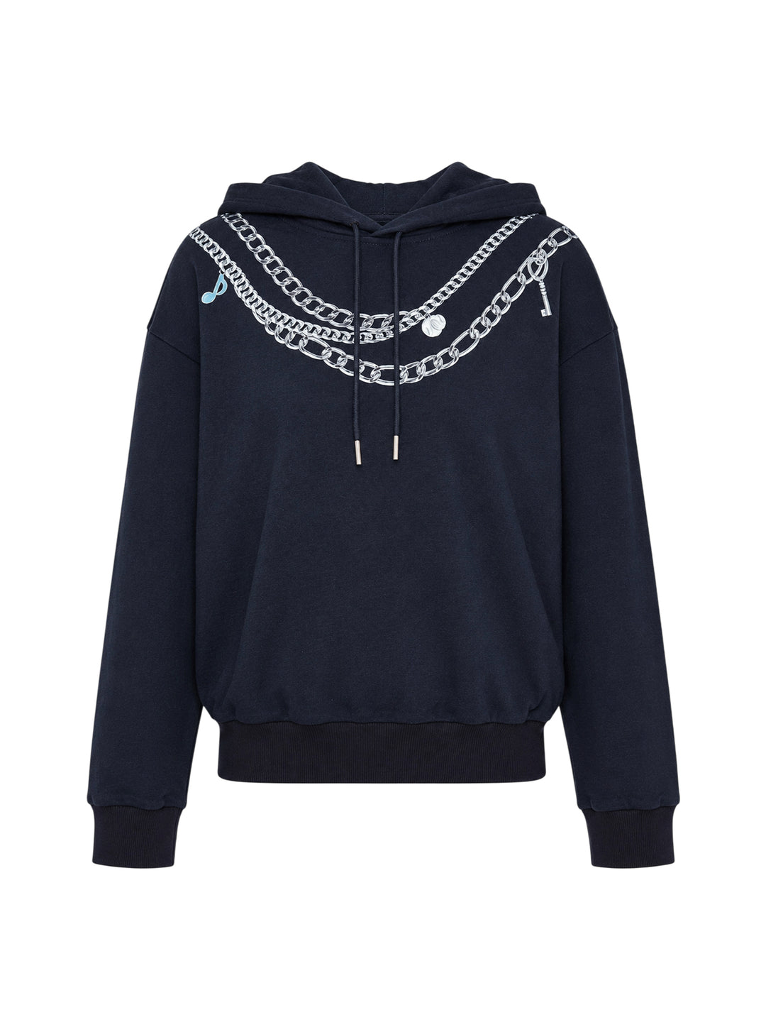 rag & bone Miramar Terry Charms Hoodie in navy, featuring a trompe-l'œil silver chain-link necklace graphic print across the chest with charm and key-pendant details, drawstring hood, and kangaroo pocket