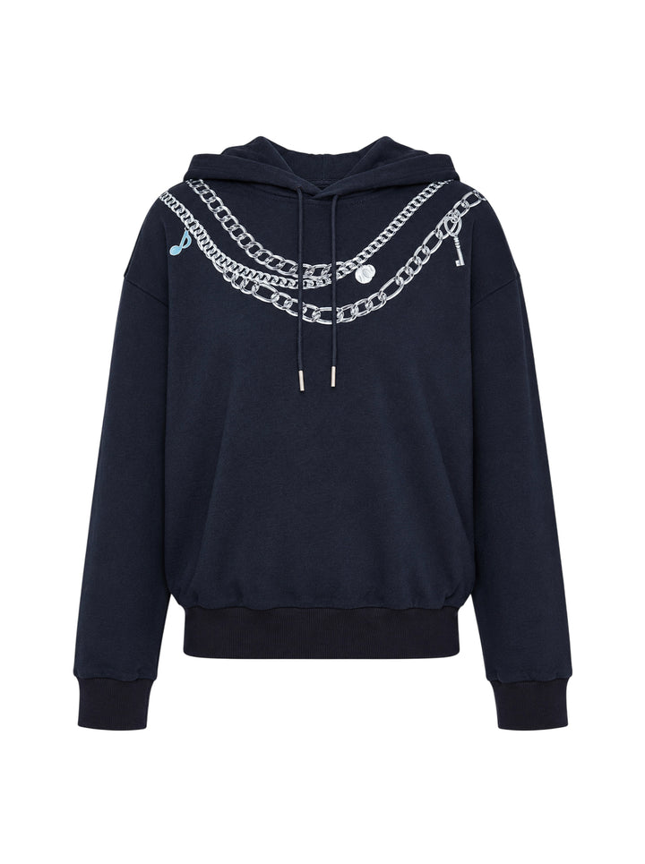 rag & bone Miramar Terry Charms Hoodie in navy, featuring a trompe-l'œil silver chain-link necklace graphic print across the chest with charm and key-pendant details, drawstring hood, and kangaroo pocket