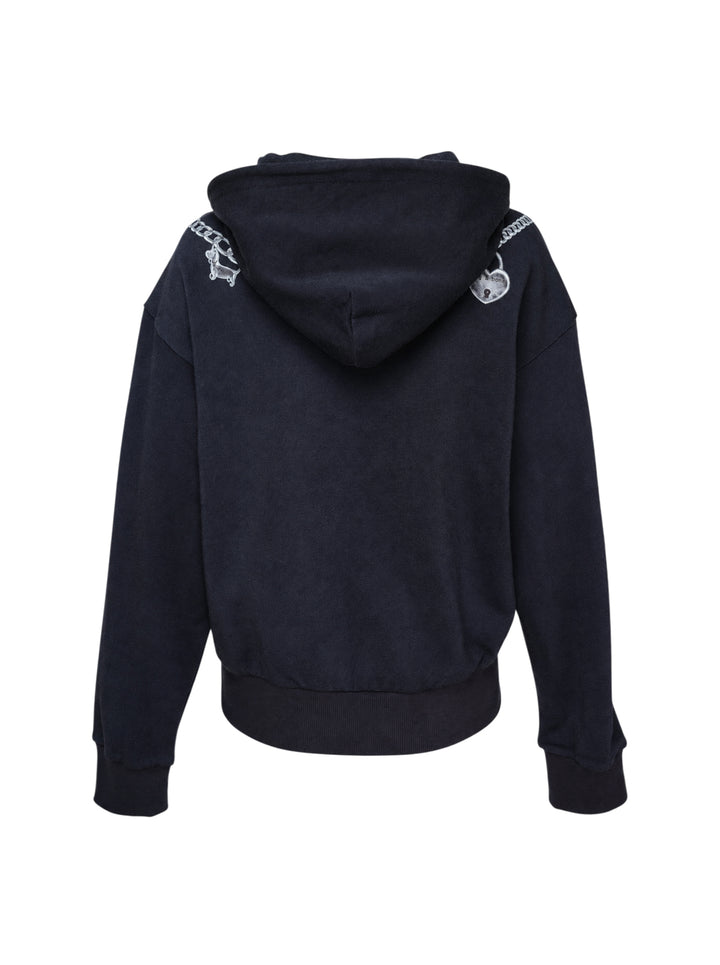 rag & bone Miramar Terry Charms Hoodie in navy, featuring a trompe-l'œil silver chain-link necklace graphic print across the chest with charm and key-pendant details, drawstring hood, and kangaroo pocket - view 2
