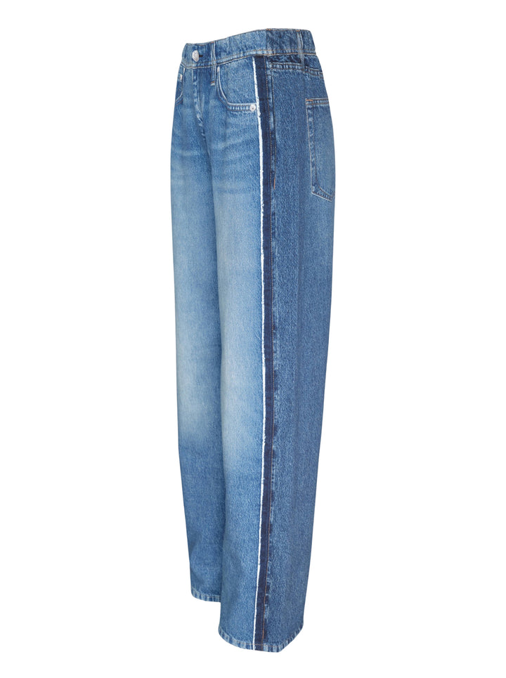 rag & bone Miramar wide-leg jeans in medium blue wash with raw fray detailing along both side seams, five-pocket styling and silver-tone hardware - view 3