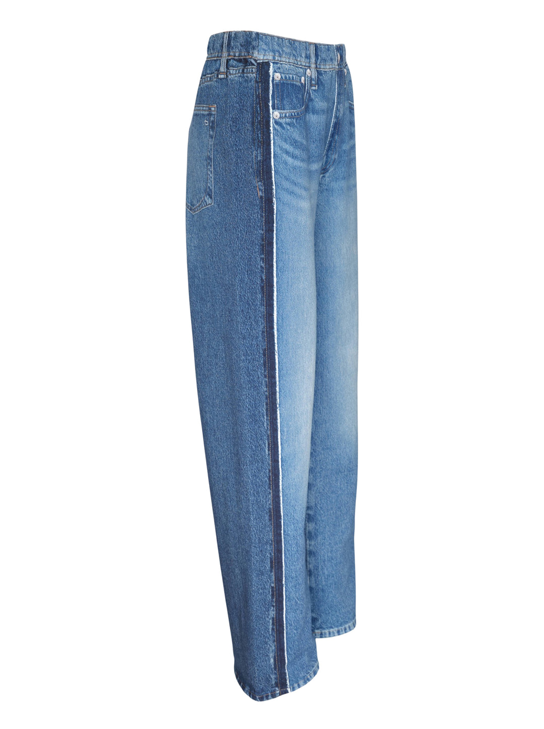 rag & bone Miramar wide-leg jeans in medium blue wash with raw fray detailing along both side seams, five-pocket styling and silver-tone hardware - view 4