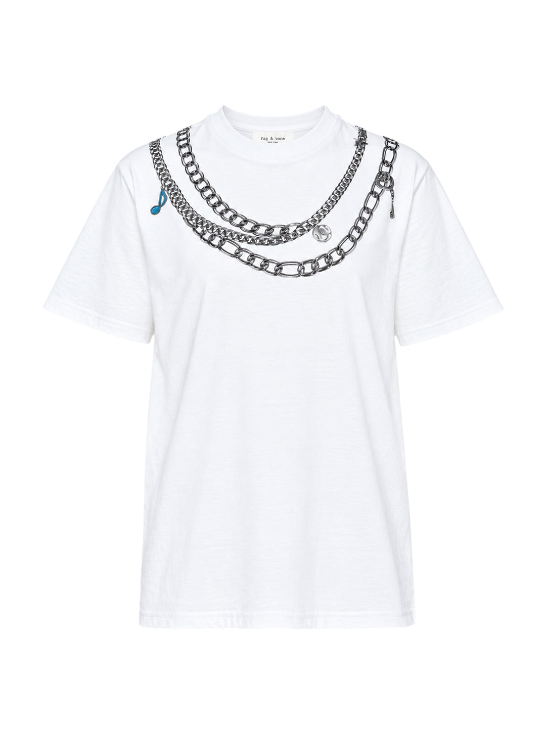 rag & bone Miramar Charms Short Sleeve Tee in white with a trompe l'oeil printed graphic of layered silver chain necklaces and charm details across the chest