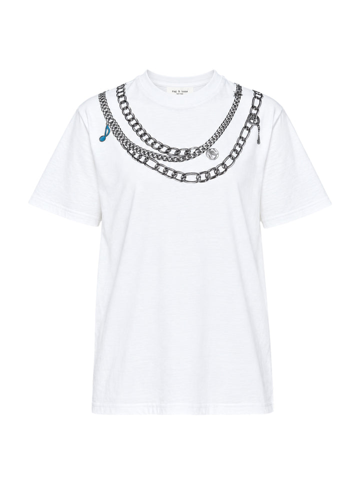 rag & bone Miramar Charms Short Sleeve Tee in white with a trompe l'oeil printed graphic of layered silver chain necklaces and charm details across the chest