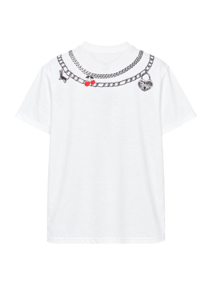 rag & bone Miramar Charms Short Sleeve Tee in white with a trompe l'oeil printed graphic of layered silver chain necklaces and charm details across the chest - view 2
