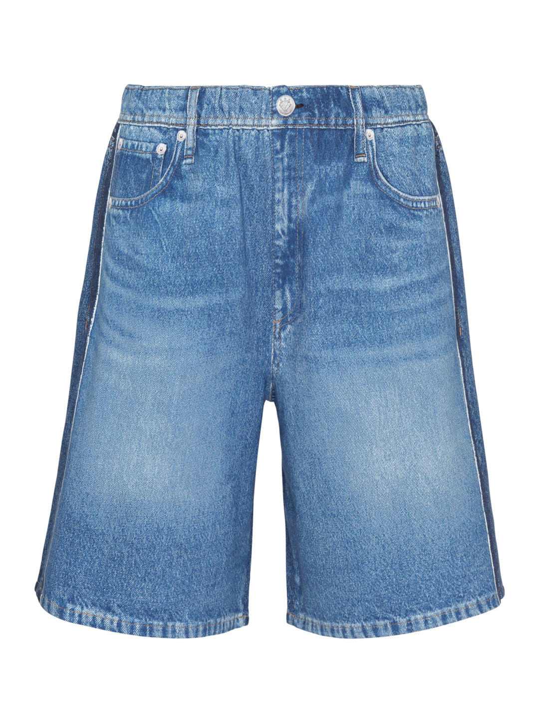 rag & bone Miramar Pull On McKenna Shorts in mid-blue washed denim with a relaxed bermuda silhouette, elasticated pull-on waistband, and five-pocket detailing