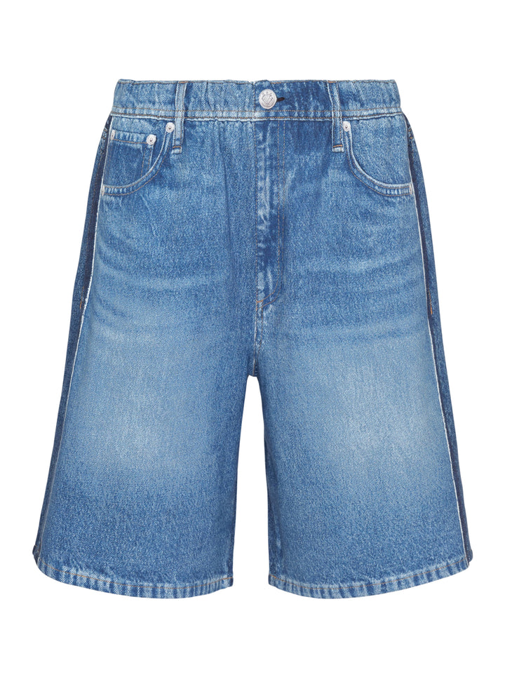 rag & bone Miramar Pull On McKenna Shorts in mid-blue washed denim with a relaxed bermuda silhouette, elasticated pull-on waistband, and five-pocket detailing