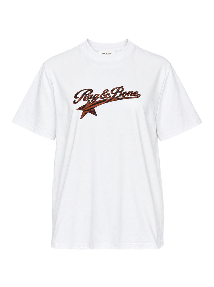 rag & bone Miramar Cotton Graphic Tee in white with varsity-script logo and tiger-stripe print detail on the chest
