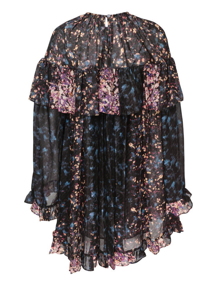 Ulla Johnson Lune Long Sleeve Silk Mini Dress in dark floral chiffon with tiered ruffle yoke, smocked neckline, and ruffled hem - view 2
