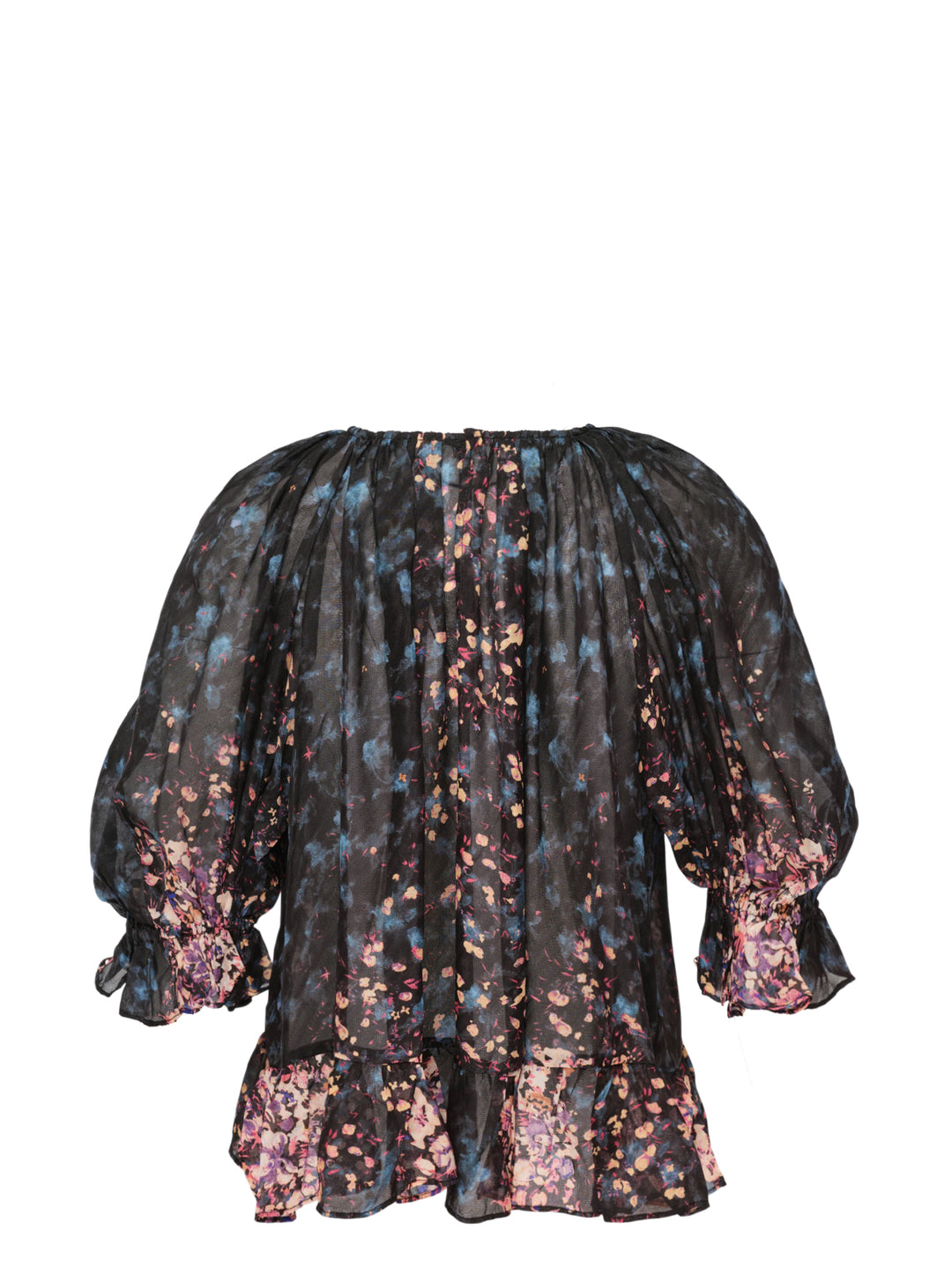 Ulla Johnson Elise short sleeve silk blouse in a dark-ground painterly floral print with voluminous puff sleeves, smocked ruffle cuffs, and a tiered ruffle hem - view 2
