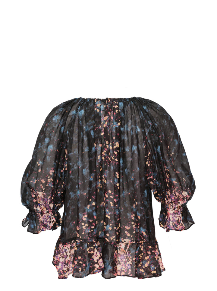 Ulla Johnson Elise short sleeve silk blouse in a dark-ground painterly floral print with voluminous puff sleeves, smocked ruffle cuffs, and a tiered ruffle hem - view 2