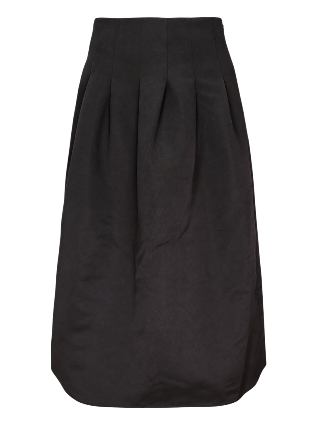 Ulla Johnson Delara Satin Midi Skirt in black, featuring a high waist, deep front pleats, and a voluminous tulip-shaped hem