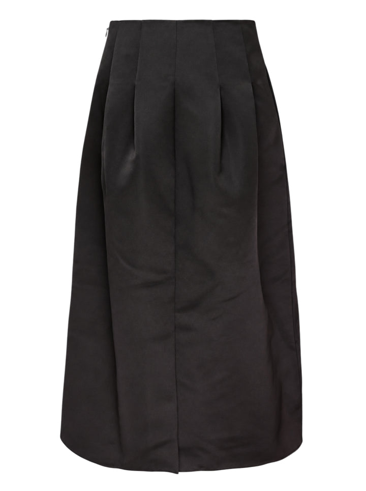 Ulla Johnson Delara Satin Midi Skirt in black, featuring a high waist, deep front pleats, and a voluminous tulip-shaped hem - view 2