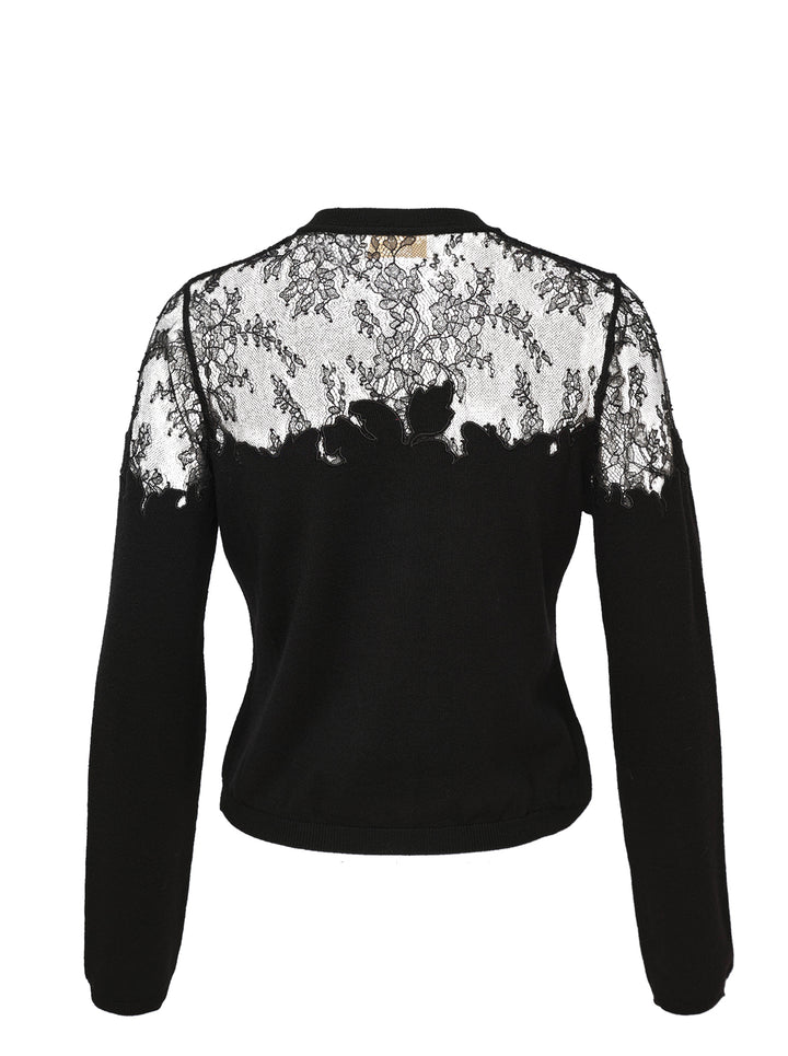 Ulla Johnson Talia Lace Cardigan in black, featuring a sheer floral embroidered lace yoke and shoulder panelling over a fine knit body with button-front closure and long sleeves - view 2