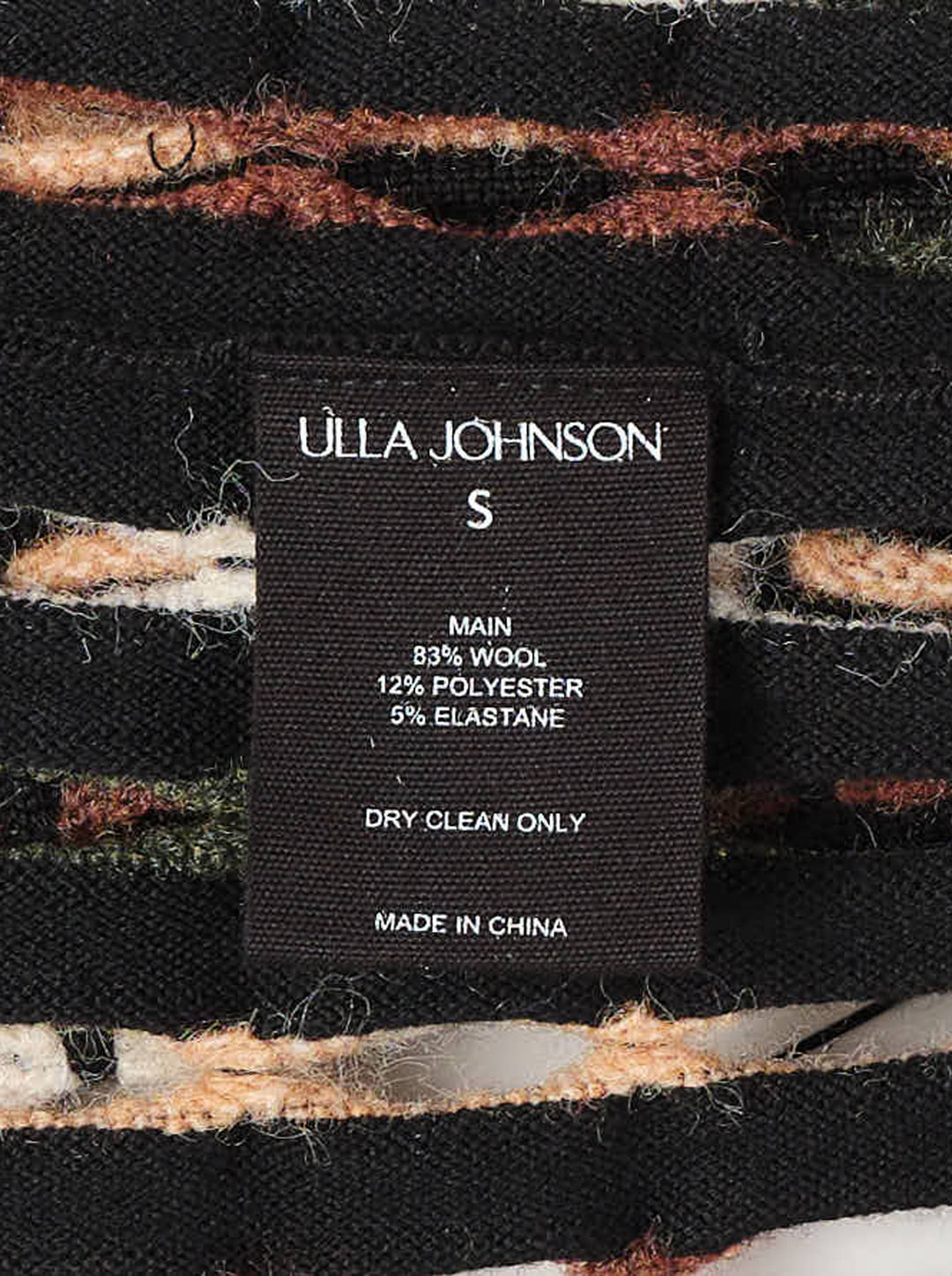 Ulla Johnson Zora Knit Cardigan with allover multicolour oval-stitch jacquard pattern in green, rust, cream, and blush on black, featuring a front zip closure, fringe hem, and long sleeves - view 3