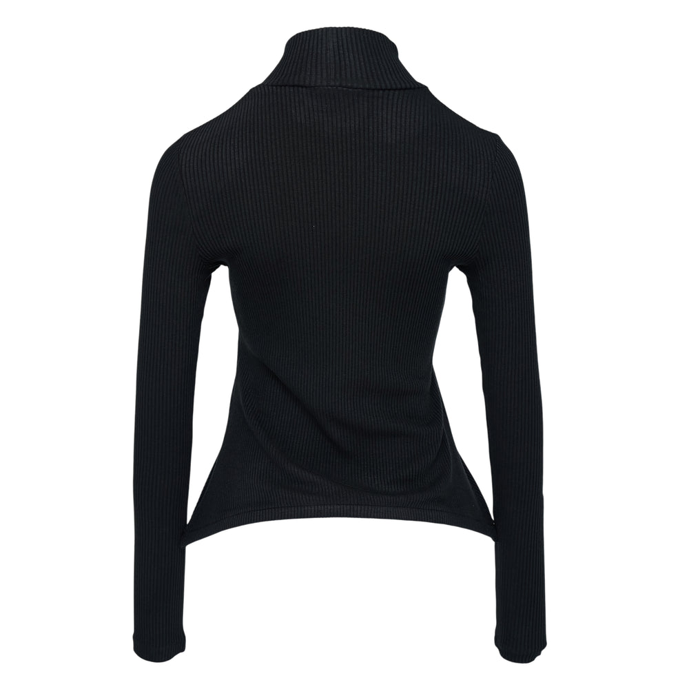 Melitta Baumeister black ribbed knit turtleneck sweater with long sleeves and a dramatic curved pointed hem, front view on white background